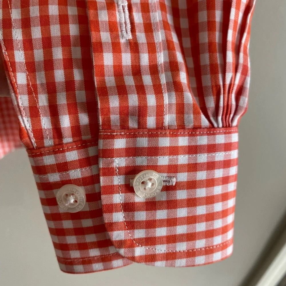 Brooks‎ Brothers Button Up Shirt Boys Size XS Orange Gingham Red Fleece Non Iron